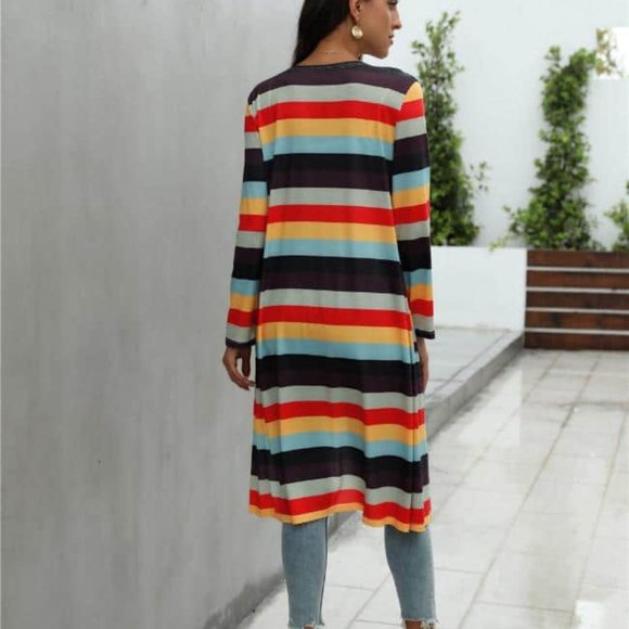 Burnt Orange Striped Printed Long Cardigan - Picture 4 of 5